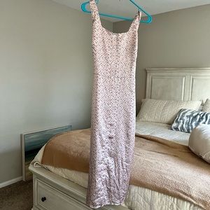 Pink and navy polka dot midi dress